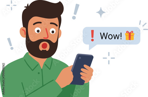 Man reacts with surprise while holding phone and reading message