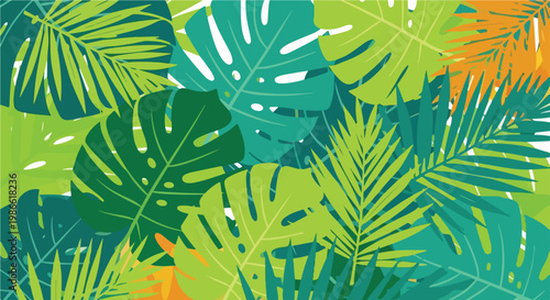 A vibrant arrangement of tropical leaves in shades of green