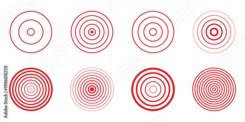 Set of different concentric circles icon. Epicenter, target, radar, sonar icon concept. Vector halftone radial radio signal or vibration element pack. eps 10