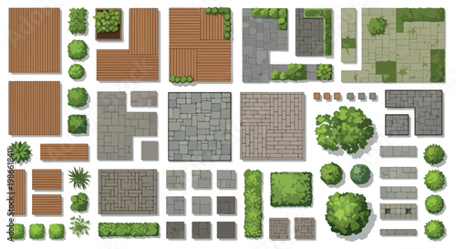 Landscape design elements vector set, top view garden map icons with wooden deck and stone paving, green bushes and trees for architectural planning