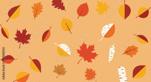A vibrant autumnal pattern of colorful leaves on a warm beige background
