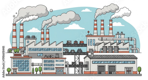 Industrial factory complex with smoking chimneys under a blue sky.