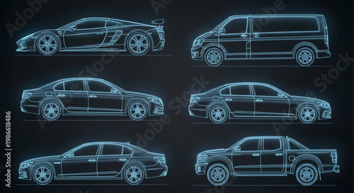 Collection of futuristic car outlines in digital blue light.