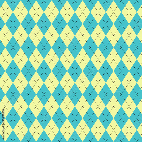 Seamless bright yellow and turquoise blue argyle vector pattern with dashed lines for preppy apparel, golf knitwear, and textile design.