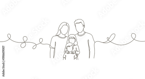 Simple continuous line vector graphic illustration showing a happy family unit with two young children standing together