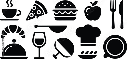 Food icons, restaurant symbols, black vector set, 16 elements, flat style