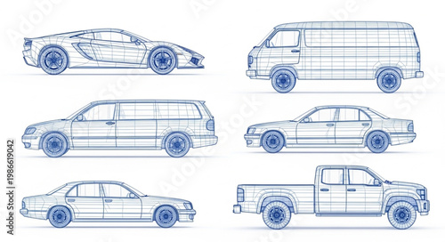 Collection of vehicle blueprints and wireframes on white background.