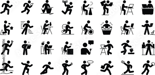 Black stick figure icons, people doing activities, 30 human pictograms, office workers, exercising, daily actions