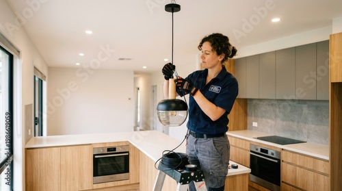 A skilled electrician is installing a pendant light fixture in a modern kitchen. He wears a blue work uniform and gloves, carefully adjusting the light with a screwdriver.