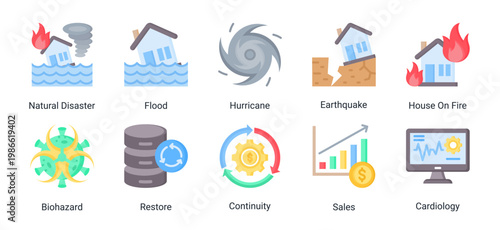 Disaster and recovery icon set including natural hazards,emergency events,and restoration concepts.Ideal for disaster management and emergency response visuals.