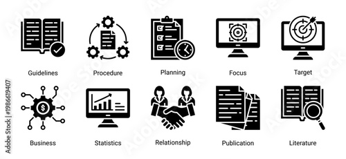 Planning and strategy icon set featuring guidelines,business goals,statistics,and workflow concepts.Suitable for management,corporate planning,and analytical design projects.