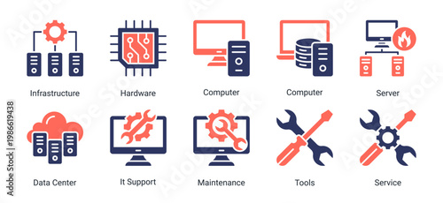 System and infrastructure icon set including hardware,servers,data center,and IT support elements.Ideal for technology,engineering,and system operation design needs.