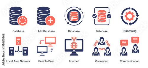 Data and network icon set with database,internet,and communication elements.Perfect for digital systems,networking,and data processing related designs.