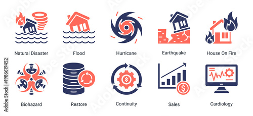 Disaster and recovery icon set including natural hazards,emergency events,and restoration concepts.Ideal for disaster management and emergency response visuals.