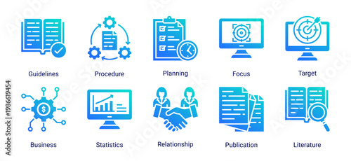 Planning and strategy icon set featuring guidelines,business goals,statistics,and workflow concepts.Suitable for management,corporate planning,and analytical design projects.