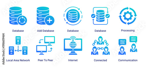 Data and network icon set with database,internet,and communication elements.Perfect for digital systems,networking,and data processing related designs.