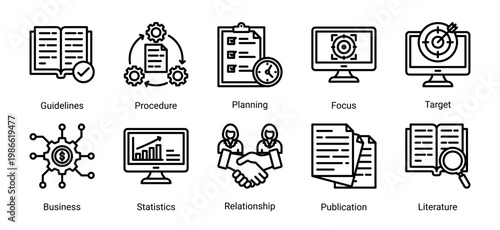 Planning and strategy icon set featuring guidelines,business goals,statistics,and workflow concepts.Suitable for management,corporate planning,and analytical design projects.