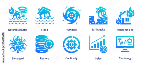 Disaster and recovery icon set including natural hazards,emergency events,and restoration concepts.Ideal for disaster management and emergency response visuals.