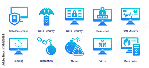 Security and monitoring icon set featuring data protection,threats,and system alerts.Suitable for cybersecurity,risk management,and monitoring applications.