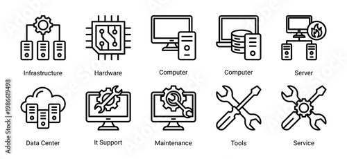 System and infrastructure icon set including hardware,servers,data center,and IT support elements.Ideal for technology,engineering,and system operation design needs.