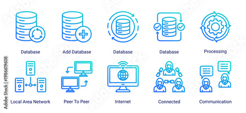 Data and network icon set with database,internet,and communication elements.Perfect for digital systems,networking,and data processing related designs.