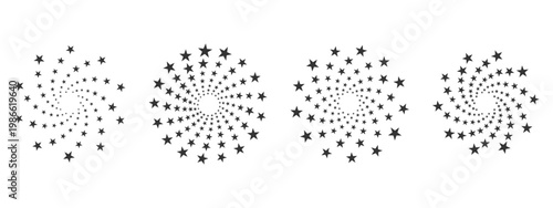 Black spiral star set on white backdrop. Circle, radial, burst shapes with stars, specks, dots, sparks arranged in concentric rings. Vector starburst pattern. Template for logo.