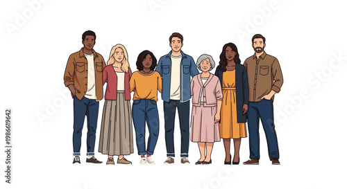 A diverse group of smiling people standing together, a welcoming vector illustration depicting community, unity, and inclusivity.