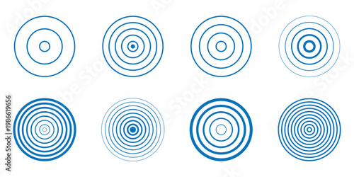 Set of different concentric circles icon. Epicenter, target, radar, sonar icon concept. Vector halftone radial radio signal or vibration element pack. eps 10