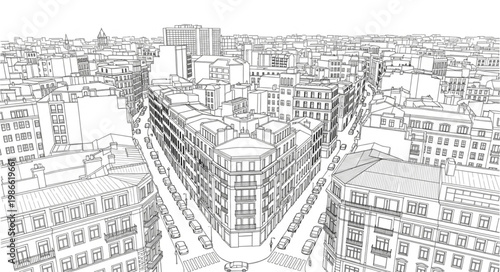 Detailed architectural sketch of a European city street.