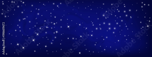 Deep blue starry night sky background with white light sparkles. Vector dark space texture, galaxy star pattern with glow effect. Abstract cosmic design for universe illustrations and backdrops.