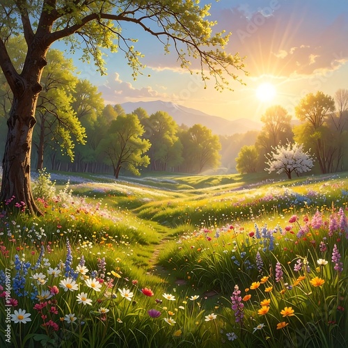 A serene landscape with a tree, colorful flowers, and a sunny sky