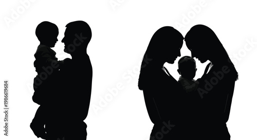 Vector graphic illustration showing silhouettes of parents holding their young children in a loving and caring embrace