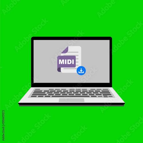 Laptop displaying MIDI file download icon on screen.