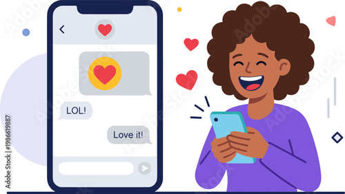 A smiling woman enjoys social media likes on her phone with heart emojis.