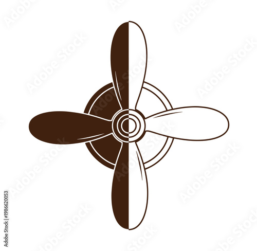 A brown and white airplane propeller with four blades isolated on white background