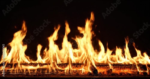 Flames dancing atop a burning log in a dark setting, creating a warm ambiance for relaxation