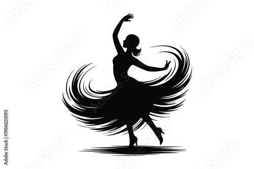 Elegant flamenco dancer silhouette with swirling dress vector illustration graphic.