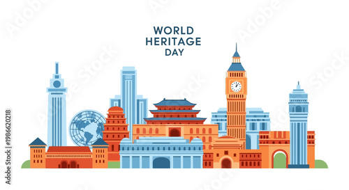 A vibrant vector illustration celebrates World Heritage Day with depictions of historical monuments from around the globe against a clean white background, promoting cultural diversity