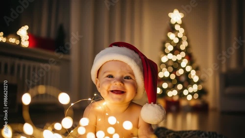 Smiling Baby Wearing Santa Hat Interacting With Christmas Lights Indoors With Decorated Tree In The Background For Seasonal Holiday Greetings Promotions