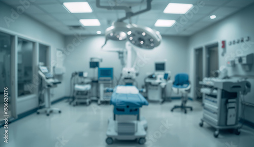 Blurred image of an empty, modern operating room with surgical lights, equipment, and a central table. The room is brightly lit and sterile.
