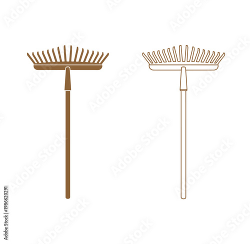 Brown and outline garden rakes on white background for gardening and landscaping tasks