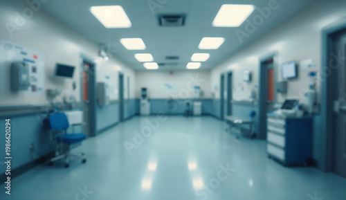 Blurred hospital hallway with bright overhead lights, blue and white walls, medical equipment, and empty chairs, conveying a sterile, quiet atmosphere.