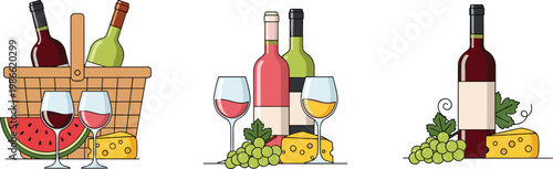 Wine Bottles, Glasses, Cheese, and Grapes in a Picnic Basket Illustration with Watermelon
