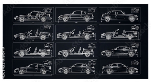 Detailed Blueprint Schematics of a Sports Car.