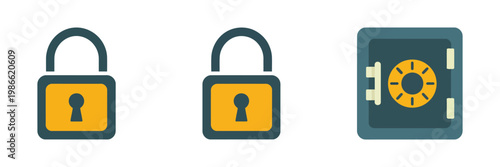 Flat design security icon set featuring closed padlock, open padlock and safe symbols, data protection and safety concepts, modern vector illustration.