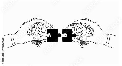 A pair of hands hold two separate halves of a human brain that are shaped with interlocking puzzle piece edges to be joined together.