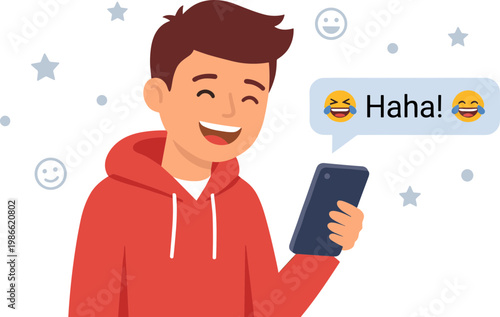 Young man happily reading message on phone with laughing emojis