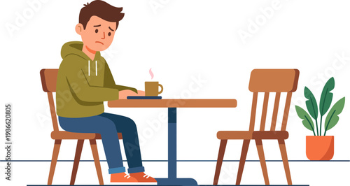 Man sits alone at table with cup and laptop next to chair and plant