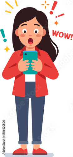 A surprised woman reacts to her mobile phone in a lively illustration.