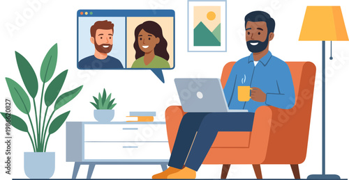 Man on couch video chatting with people on laptop at home